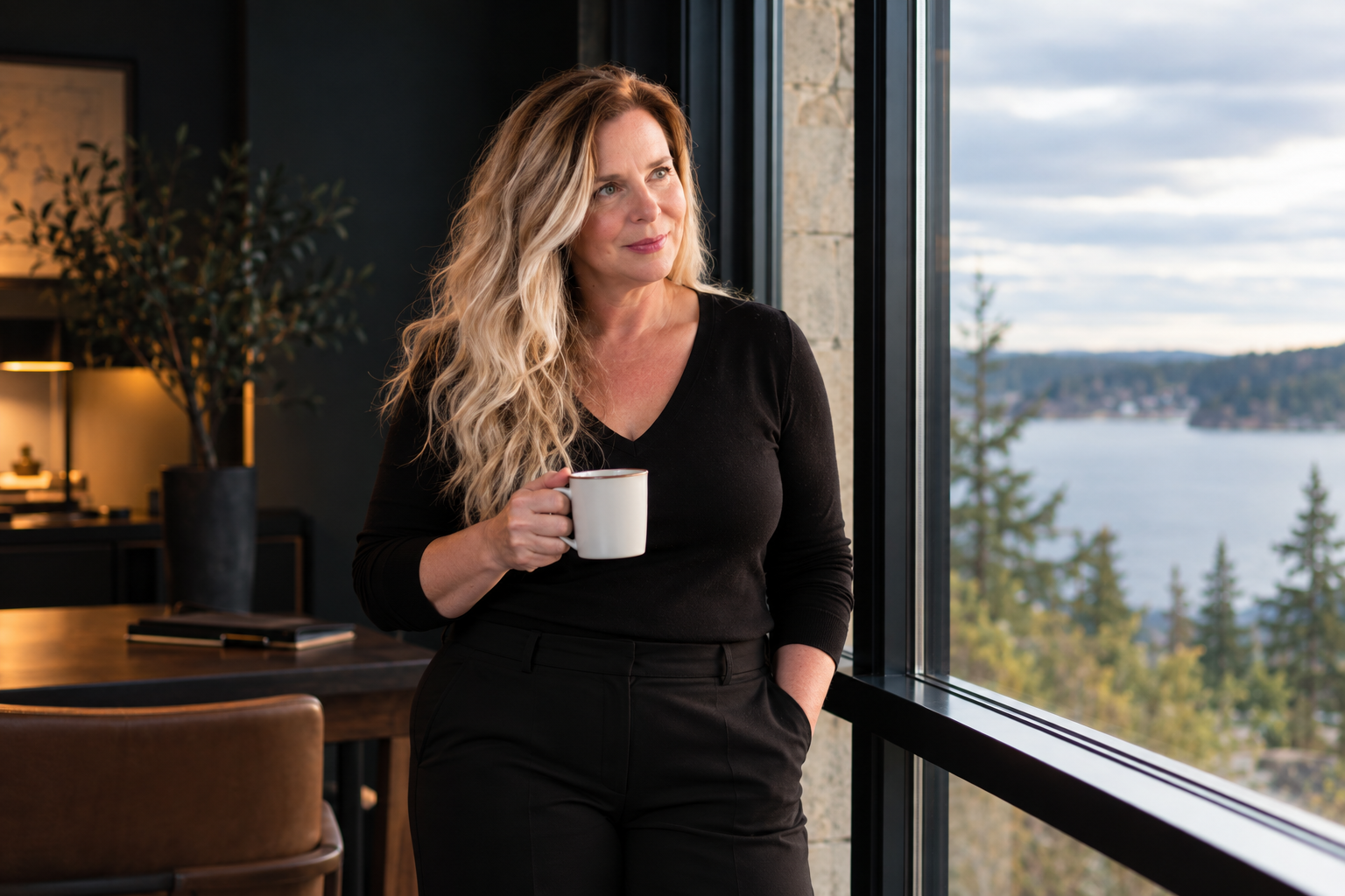 Susan Motkaluk reflecting beside a lakeside window